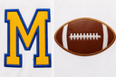 Close-up of a gold-and-blue tackle-twill M beside a real brown leather football appliqué with white embroidered laces and satin-stitch borders.