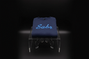 Blue sweatshirt with 'Sabr' text on a clear stand against a black background