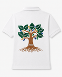 White personalized family reunion polo with a large embroidered family tree, green tackle-twill name leaves, colorful embroidered leaves, and custom trunk names on the back
