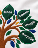 Close-up of dark green tackle-twill leaves with white embroidered family names, green satin-stitch borders, and colorful embroidered leaves on a family tree design