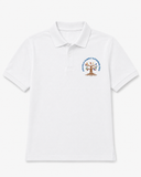 White personalized family reunion polo with a small embroidered family tree, family name, gathering year, and colorful leaves on the left chest