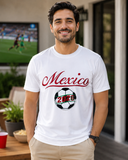 Man wearing a white Mexico 2026 embroidered soccer fan performance shirt at a casual watch party