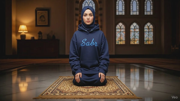 Navy Blue Hoodie with the words Sabr on the front of the hoodie.