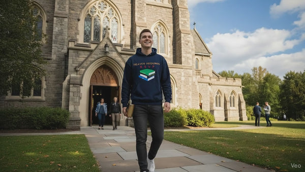 Navy blue hoodie with the words heaven requires rsvp. Below that are 3 holy books. The Quran, The Bible and the Torah. Everything is embordered.