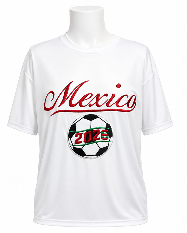 Mexico 2026 soccer fan shirt being embroidered with red satin stitching on a commercial embroidery machine