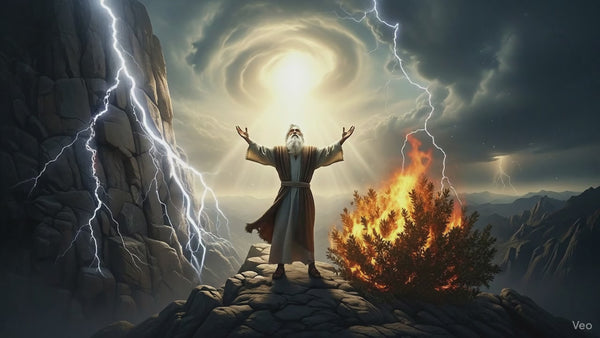 Animation showing Moses on top of Mt. Sinai. Lighting has just hit the mountain face which writes the ten commandments into the rock face. There is a burning bush behind Moses and one on the side of the ten commandments.